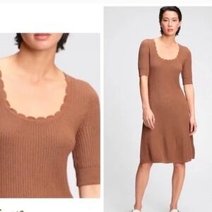 Gap Fit & Flare Sweater Dress in golden brown, square neck w/subtle lettuce hem.